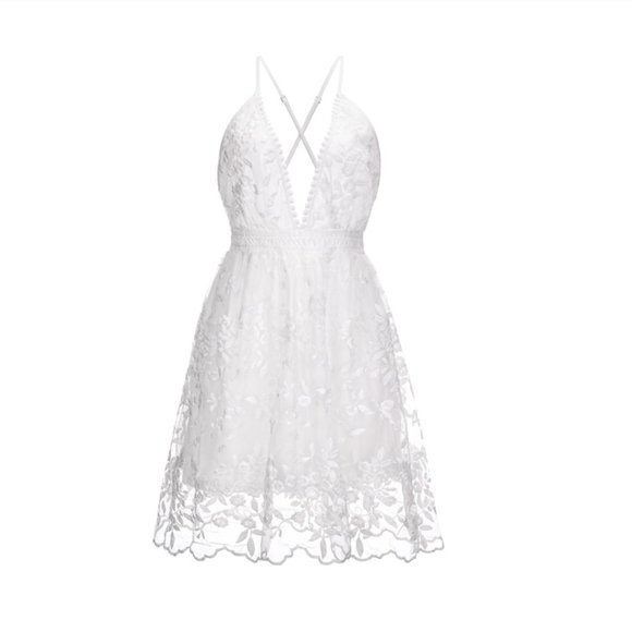 White Floral Lace Backless Crochet Mini Dress V-Neck Summer Sundress - Picture 4 of 6